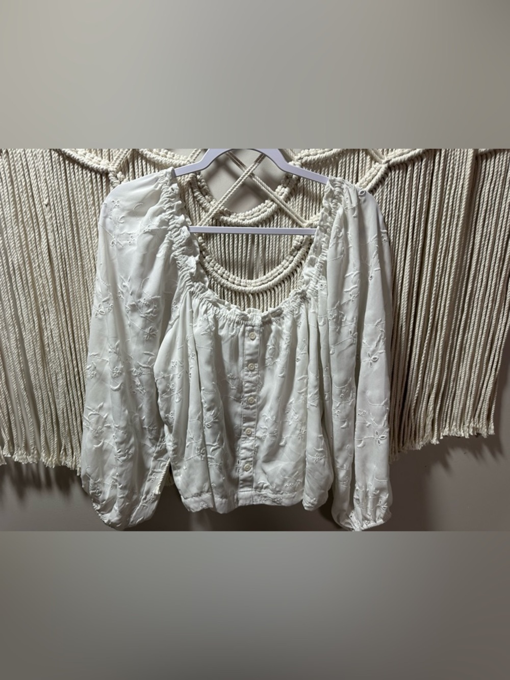 American Eagle Outfitters Cream Embroidered Button-Front Peasant Blouse